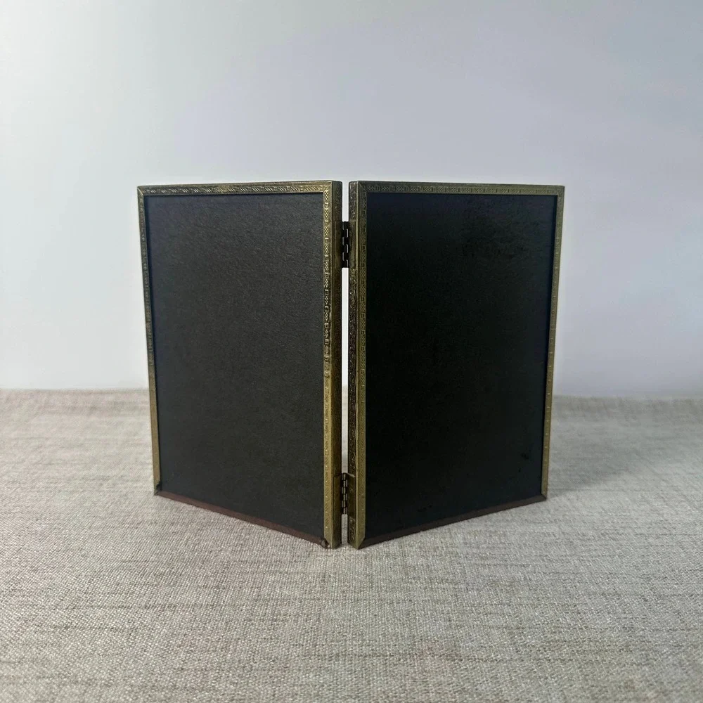 Vintage Brass Tone Double Picture Frame 5x7 | Ornate Hinged Folding Metal Frame